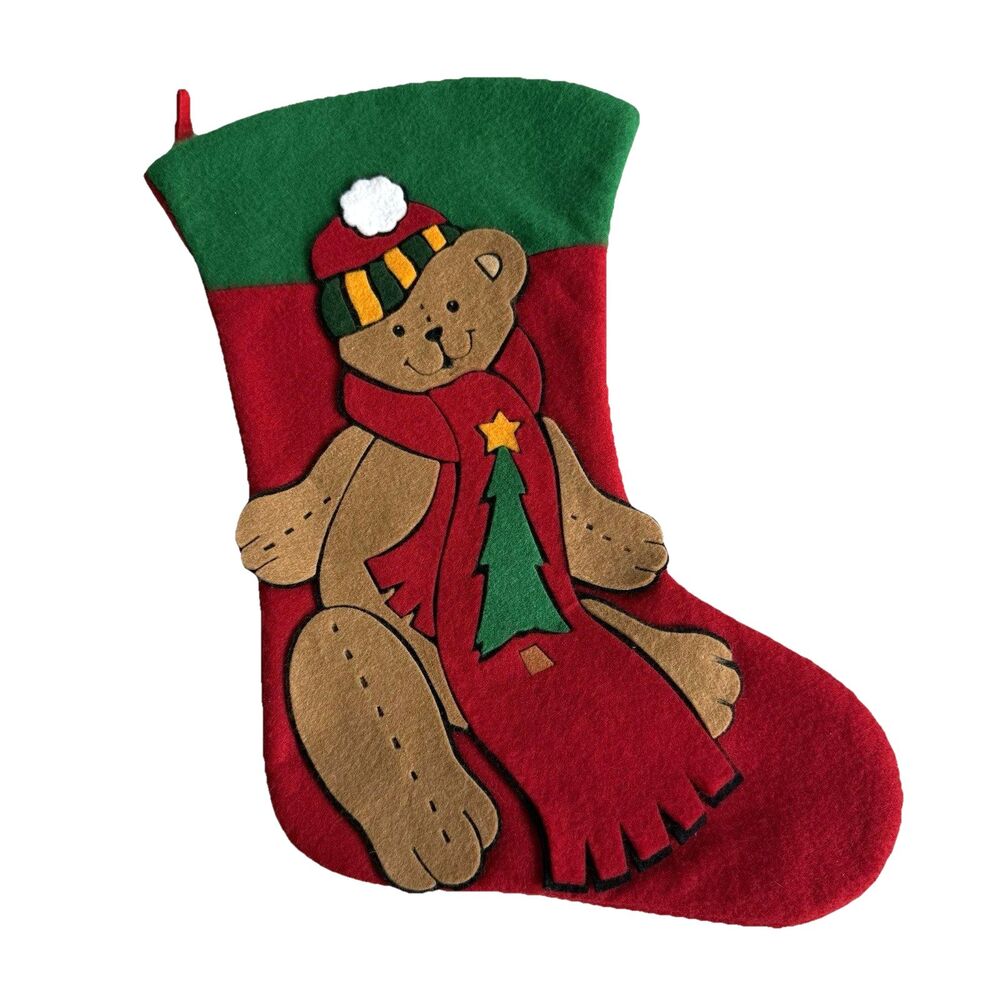Vtg Teddy Bear Christmas Stocking Felt 17" Prima Creations Xmas Applique Retro